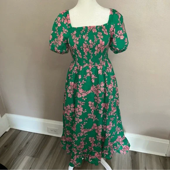 J. Crew Green Midi Dress with Pink Floral Print - Picture 2 of 5